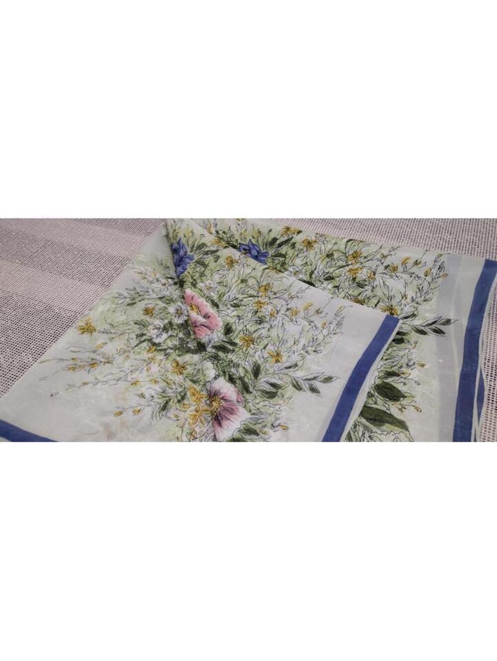 Vintage 1950s Fine Silk Scarf Periwinkle Flowers Pink Jade Green Hand Sewn Edges - Picture 7 of 16